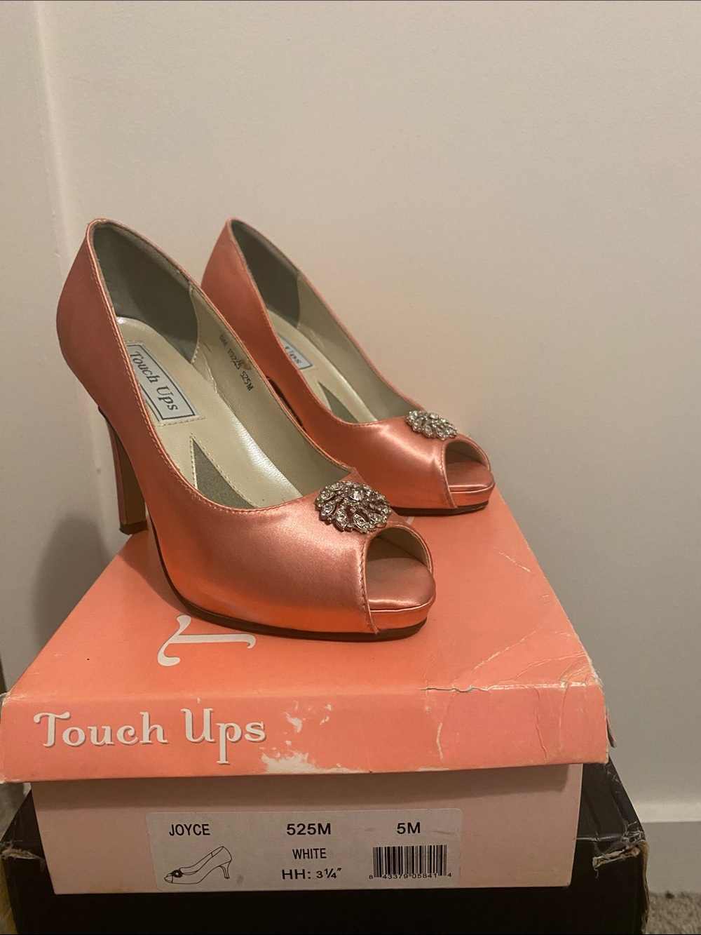 Touch Ups Coral Satin Peep-Toe Heels with Crystal Brooch
